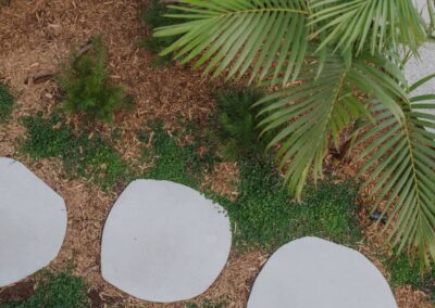 Overhead view of curved garden steppers set in mulch with lush planting
